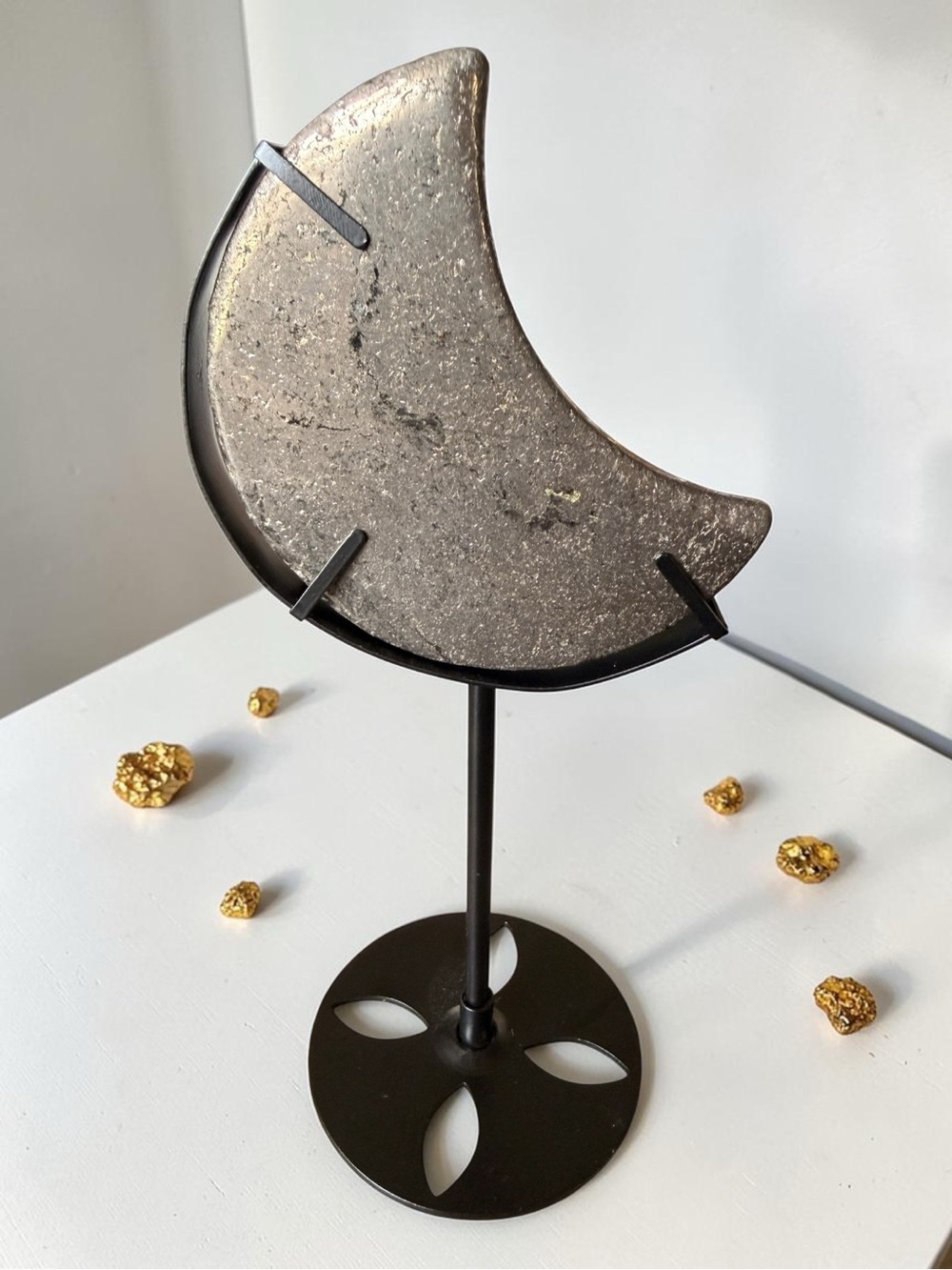 Polished Pyrite Crescent Moon 4” Length With Stand